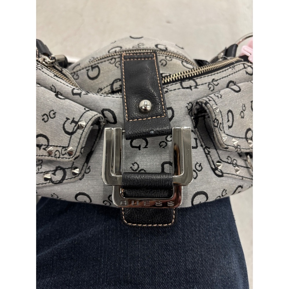 Guess Vintage Monogram Logo Denim Shoulder Bag Grey Black Studded Y2K Buckle - Picture 3 of 7